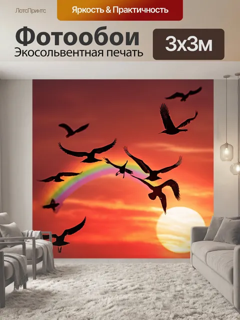 Фотообои летящие птицы, образующие элементы яркой радуги в их полете среди багрового заката