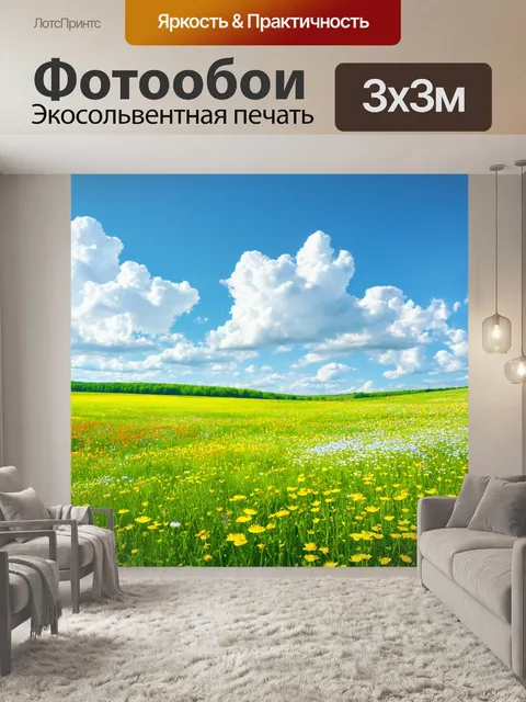 Фотообои пейзаж в стиле тонализм, летний день с белыми облаками и яркими полевыми цветами