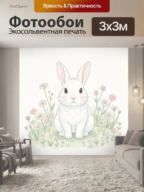 Фотообои Белый кролик среди полевых цветов