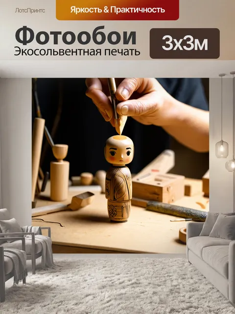 Фотообои кукла кокеши в процессе создания: художник аккуратно вырезает ее из дерева на фоне мастерской