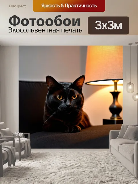 Фотообои черный кот, уютно устроившийся на черном диване, с мягким светом лампы, которая создает теплую атмосферу