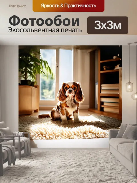 Фотообои кавалер кинг чарльз спаниель сидит на уютном ковре в светлой комнате