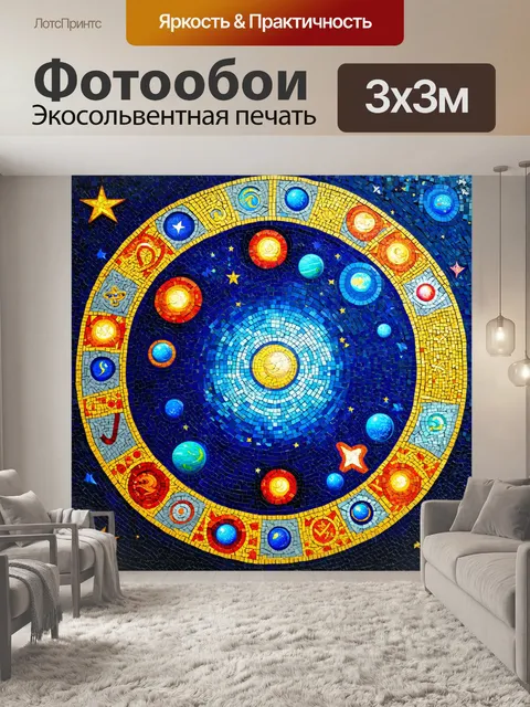 Фотообои ночь в стиле мозаика, символы и символика ночи, мозаика из знаков зодиака, звезды и планеты