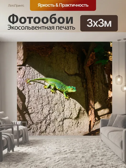 Фотообои на фоне старого каменного забора ползёт зелёная ящерица, охваченная ярким солнечным светом