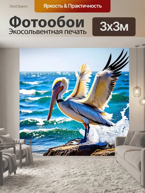 Фотообои пеликан, запечатленный в момент, когда он вытирает перья на высоком скалистом утесе