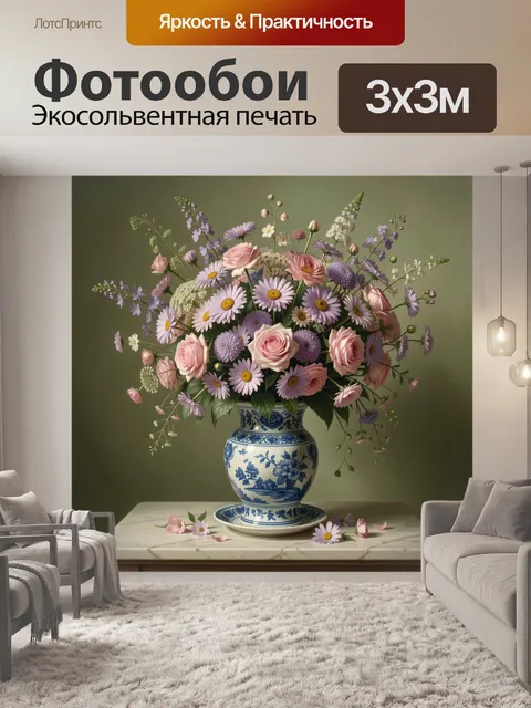 Фотообои Розовые розы и ромашки в вазе
