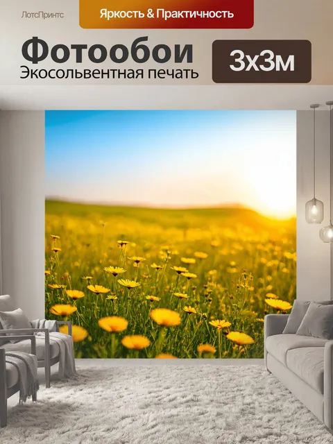 Фотообои поляна с дикими цветами на закате