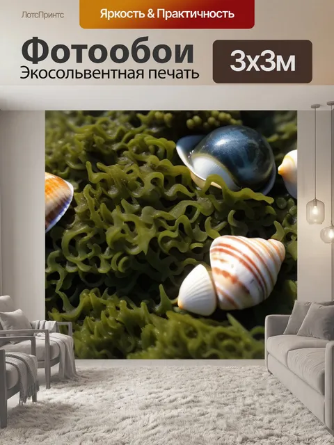 Фотообои пляжные ракушки среди морских водорослей