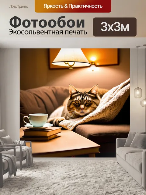Фотообои с котом, уютно устроившимся в плед на диване, среди книг и чашек чая, с мягким светом настольной лампы и…