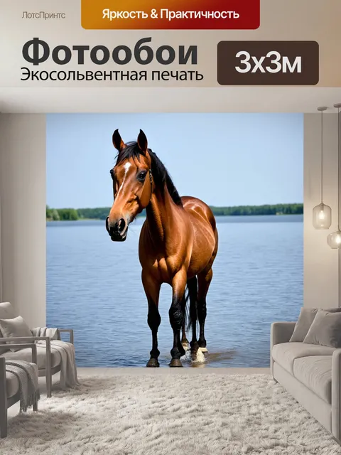 Фотообои лошадь, позирующая на фоне серебристого озера