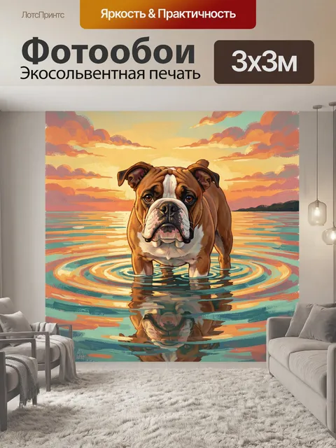 Фотообои Бульдог в озере на закате