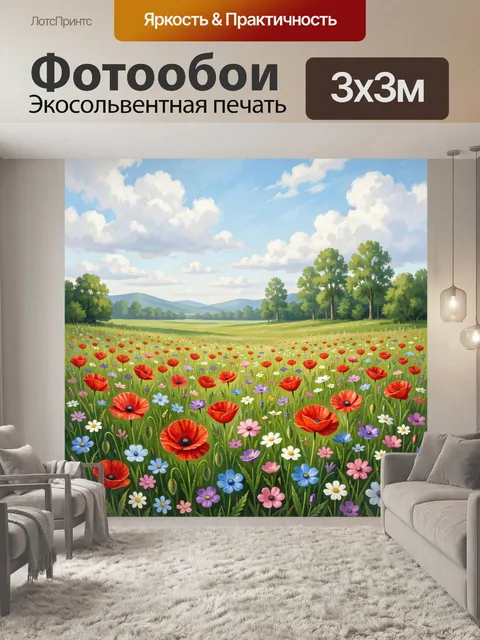 Фотообои Цветущее поле под облачным небом