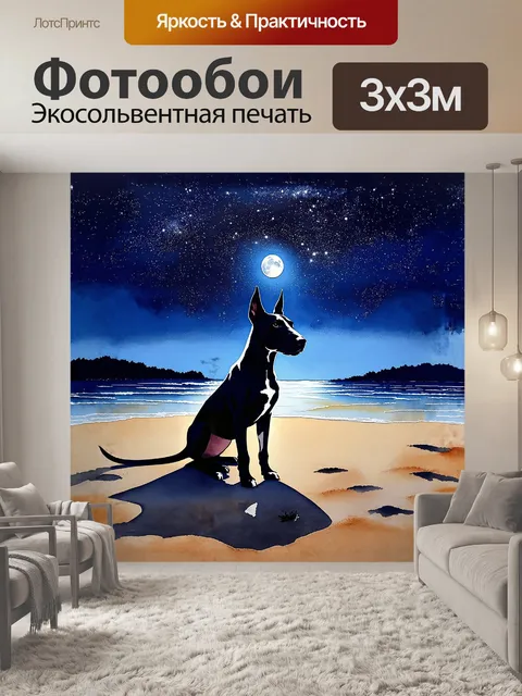 Фотообои бультерьер, который сидит на пустынном пляже, silhouetted against ночным небом, усыпанным звёздами