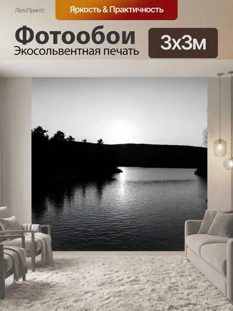 Фотообои озеро в черно-белом стиле, закат, создающий контрастные тени и силуэты деревьев