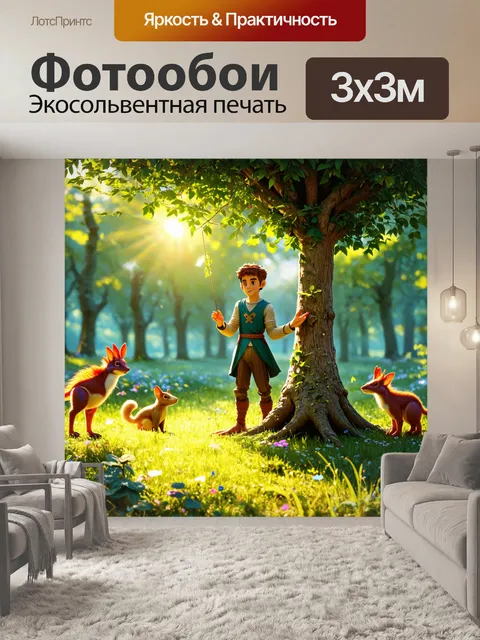 Фотообои сказка герой, который с помощью волшебного дерева, дающего желания, помогает разным существам, стоя на…