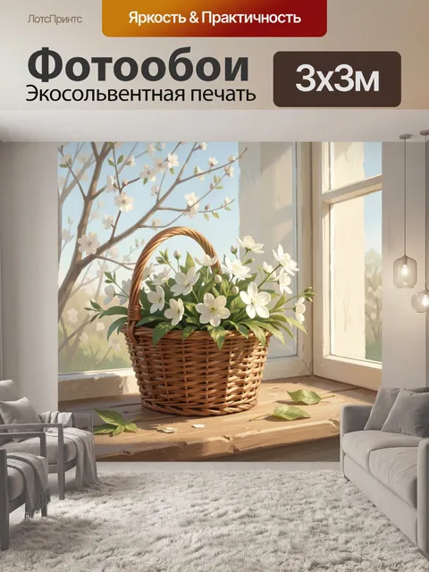 Фотообои Корзина с белыми цветами у окна