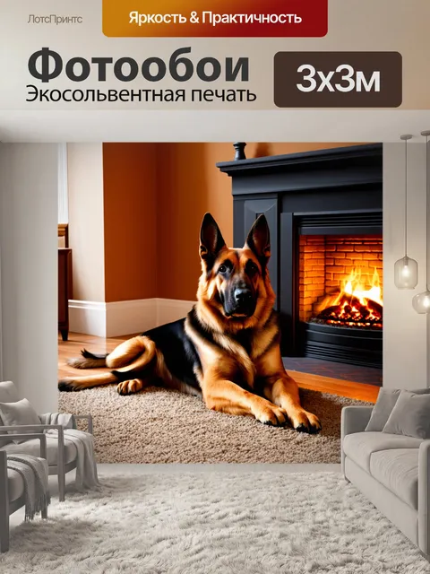 Фотообои ярко освещённая комната, где немецкая овчарка уютно устроилась на ковре рядом с камином