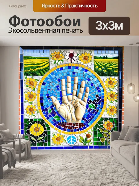 Фотообои изображение мозаичного панно, где центральным элементом является рука, обрамлённая цветами и символами мира