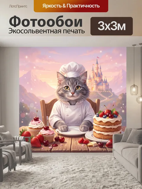 Фотообои Котенок-повар с ягодным тортом