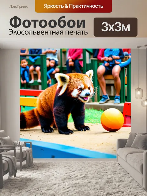 Фотообои забавная сцена в зоопарке: красная панда играет с игрушечным мячом в окружении ярких скамеек и зрителей