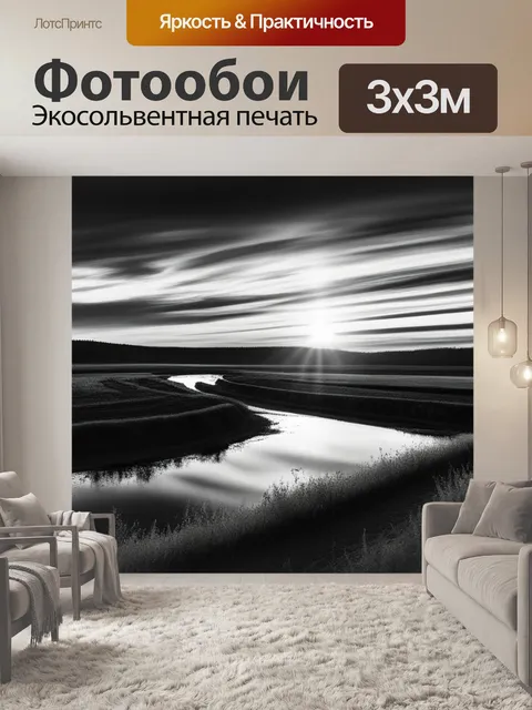 Фотообои живопись пейзаж с закатом чернобелый