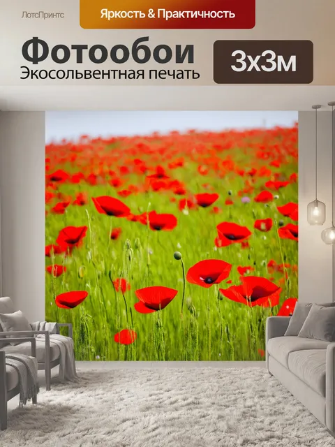 Фотообои поле красных маков, танцующих на легком ветру, оттенки красного и зеленого контрастируют с состоянием весны