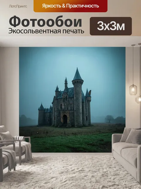 Фотообои туман в стиле плоский, заброшенный замок в тумане, атмосферная и мистическая сцена