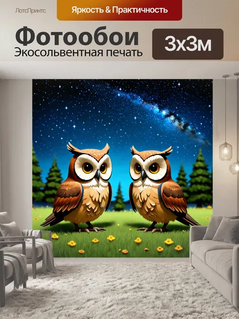 Фотообои животные в стиле изометрическая иллюстрация с совами, которые рассматривают звездное небо в волшебной ночи