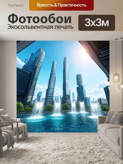 Фотообои город в стиле футуристический, каскадные небоскребы с водными каскадами, солнечный день