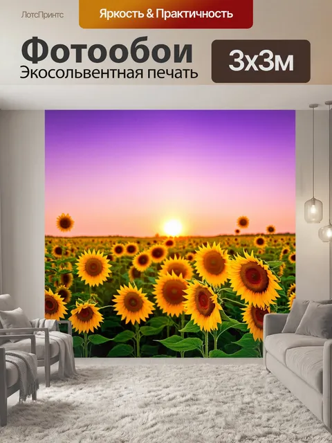 Фотообои закат среди полей, золотые цветы подсолнуха, легкий ветерок, небо окутано пурпуром