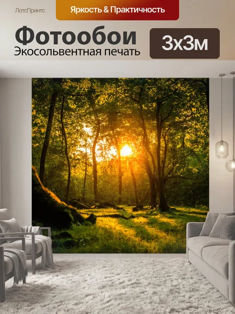 Фотообои закат среди древних лесов, когда солнце проникает сквозь листву, создавая волшебные узоры света