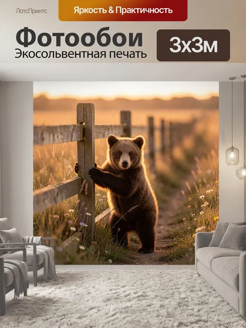 Фотообои Медвежонок у сельского забора