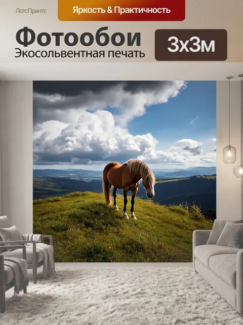 Фотообои с лошадью, стоящей на вершине холма, смотрящей на обширную долину, облака медленно плывут по небу, создавая…