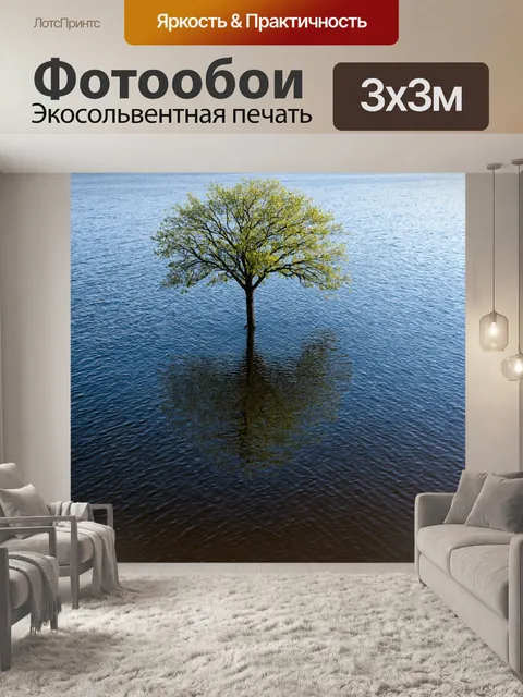 Фотообои дерево, растущее на поверхности воды, его ветви отражаются в спокойной глади