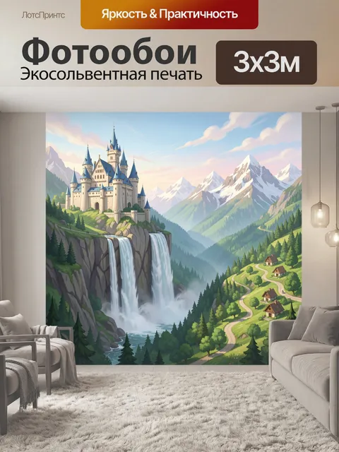 Фотообои Сказочный замок у водопада
