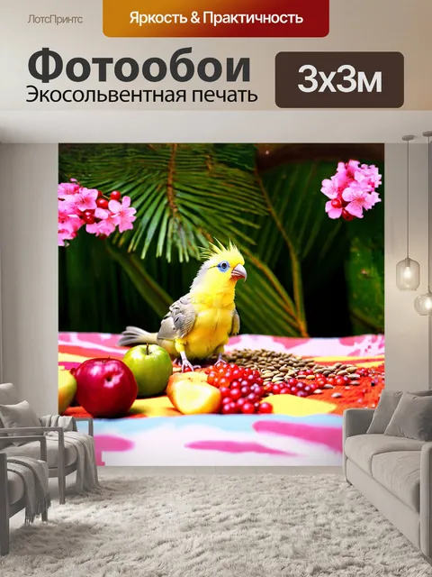 Фотообои корелла, сидящая на яркой подстилке из фруктов и семян, словно в маленьком тропическом раю