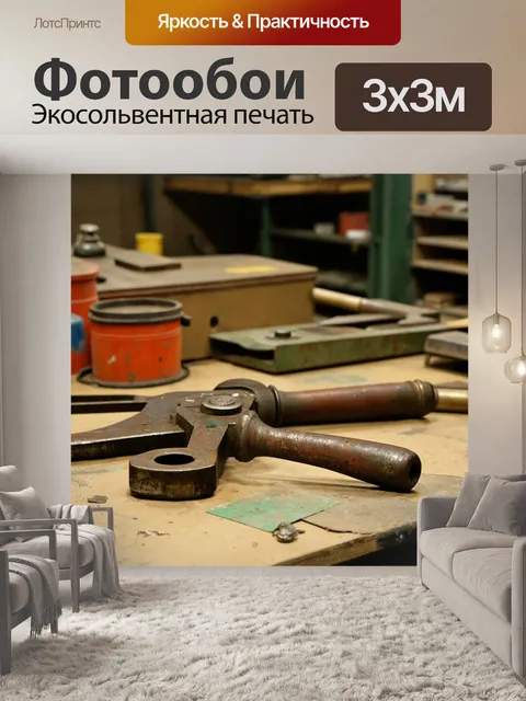 Фотообои патина, старинные инструменты, лежащие на столе с потертостями и коррозией, на фоне рабочего мастерского места