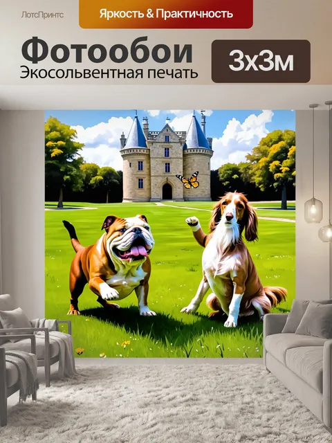 Фотообои на фоне старинного французского замка, бульдог и афон играют на зеленом лужайке