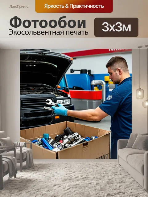 Фотообои грузовик в автосервисе, работник с гаечным ключом, детали забиты в коробку, ванна с маслом на заднем плане