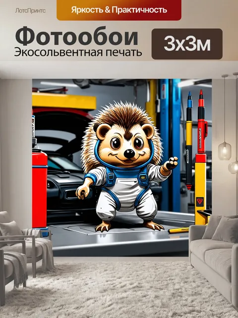 Фотообои смешной еж, одетый в защитный костюм, работает механиком в автосервисе с инструментами вокруг