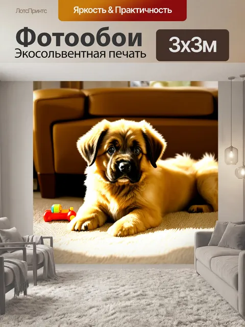 Фотообои в уютном доме с мягким светом утреннего солнца лежит щенок леонбергера