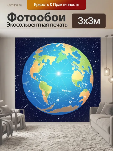 Фотообои космос в стиле плоский с фантастической картой звездного неба, на которой отмечены все основные constellations