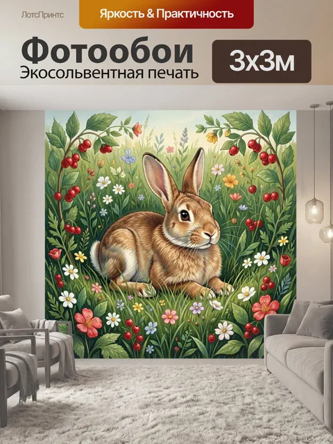 Фотообои Заяц среди луговых цветов