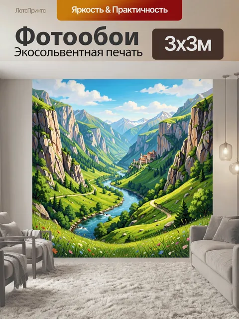 Фотообои Горная долина с рекой и замком