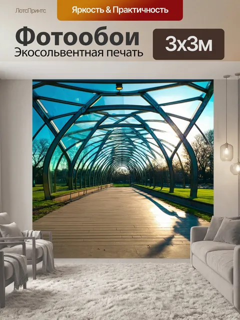 Фотообои утро: утренние лучи, проникающие через стеклянный мост в парке, фотография с стильным освещением