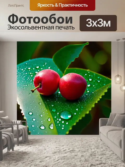 Фотообои красные фрукты с каплями росы на поверхностном листе, освещенным солнечными лучами