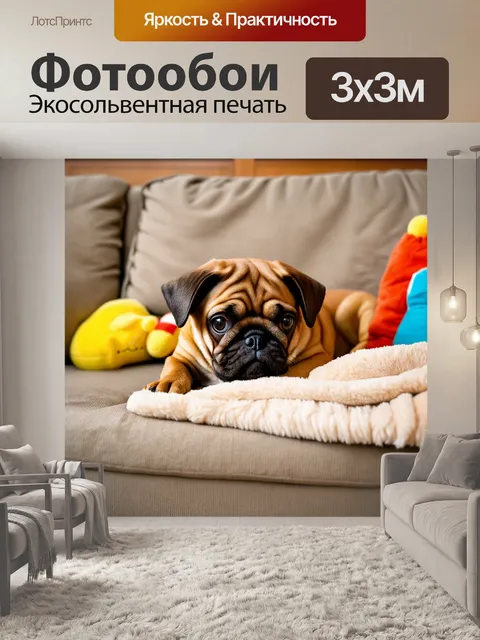 Фотообои коричневый мопс, удобно устроившийся на диване, с мягким одеялом и игрушками вокруг