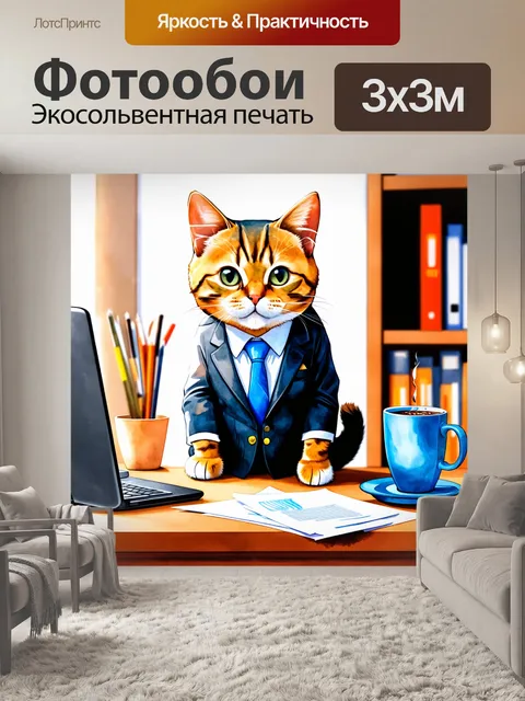 Фотообои забавный кот, одетый в деловой костюм, сидит за компьютером в офисе с множеством документов и чашкой кофе