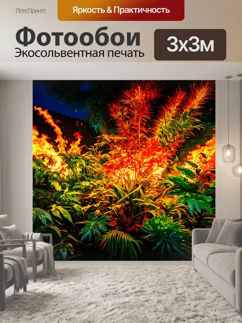 Фотообои ночь в стиле максимализм с огненной симфонией цветов, где растения и вспышки света создают живописную картину