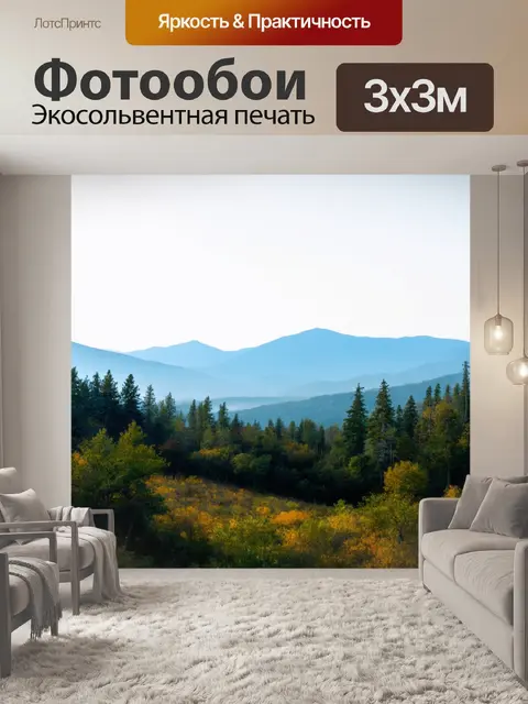 Фотообои умиротворяющий пейзаж с далекими горами и лесом, где каждая деталь создает ощущение спокойствия